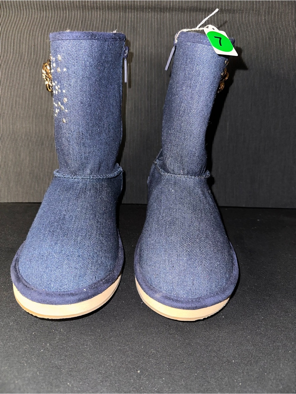 No.07 Joan Boyce Dollie Blue Denim Faux Fur Lined Boots with Flower Detail